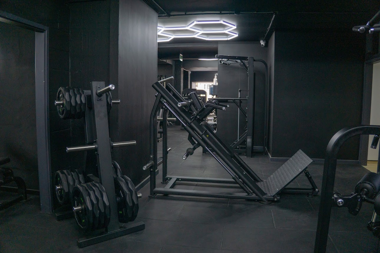Barbell storage, plate tree and leg press